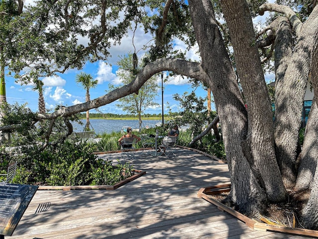 view of community featuring a deck with water view