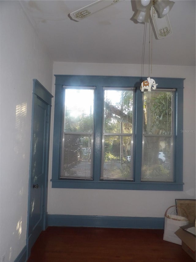 interior space featuring ceiling fan and dark hardwood / wood-style flooring