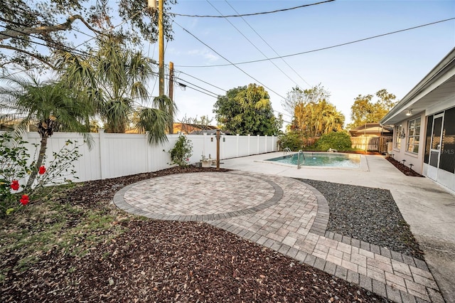 view of yard with a patio and a fenced in pool