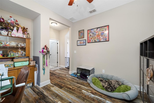 office featuring ceiling fan, dark wood-type flooring, and a textured ceiling