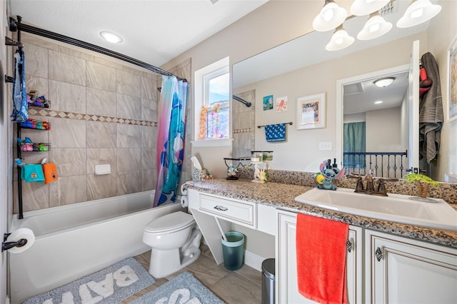 full bathroom with shower / bathtub combination with curtain, tile patterned flooring, vanity, and toilet