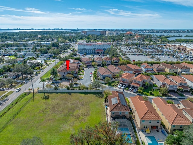 bird's eye view with a water view