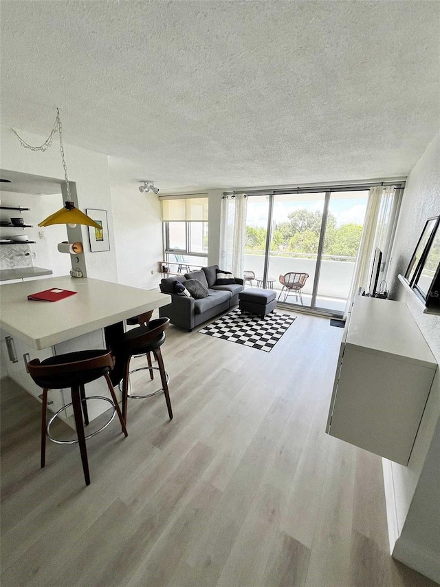 living room featuring floor to ceiling windows, light hardwood / wood-style floors, and a textured ceiling