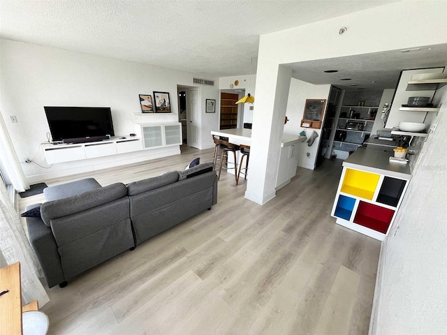 living room with a textured ceiling and light hardwood / wood-style flooring