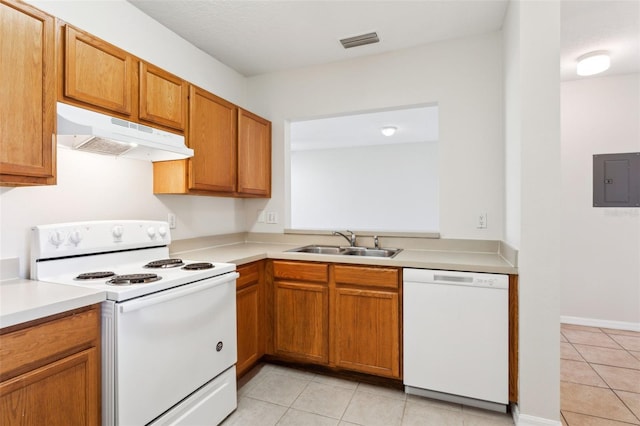 kitchen with electric panel, sink, light tile patterned flooring, and white appliances