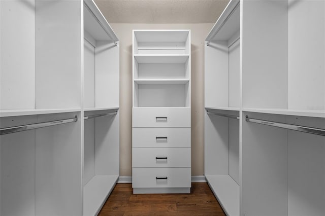 walk in closet with dark wood-style floors