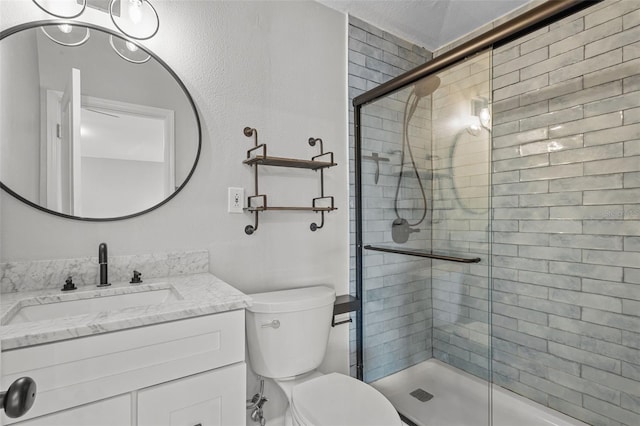 full bathroom featuring toilet, a stall shower, and vanity