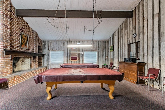 rec room featuring vaulted ceiling with beams, carpet floors, wooden walls, and pool table