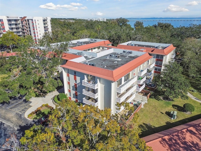 drone / aerial view with a water view