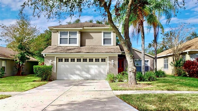 front of property featuring a front yard and a garage