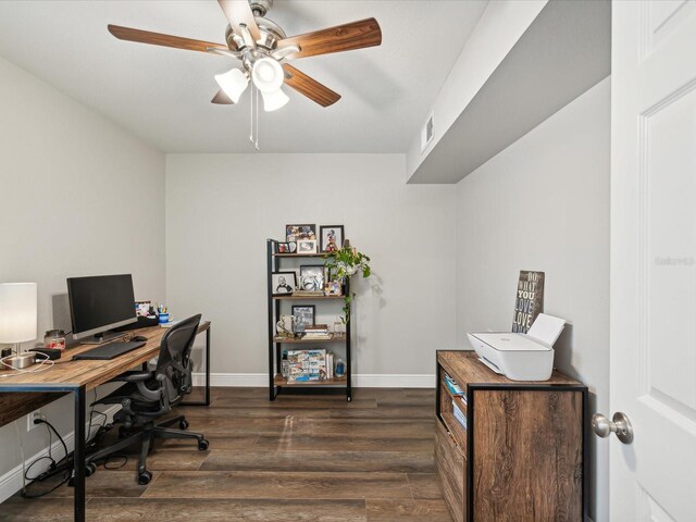 home office with ceiling fan and dark wood-type flooring