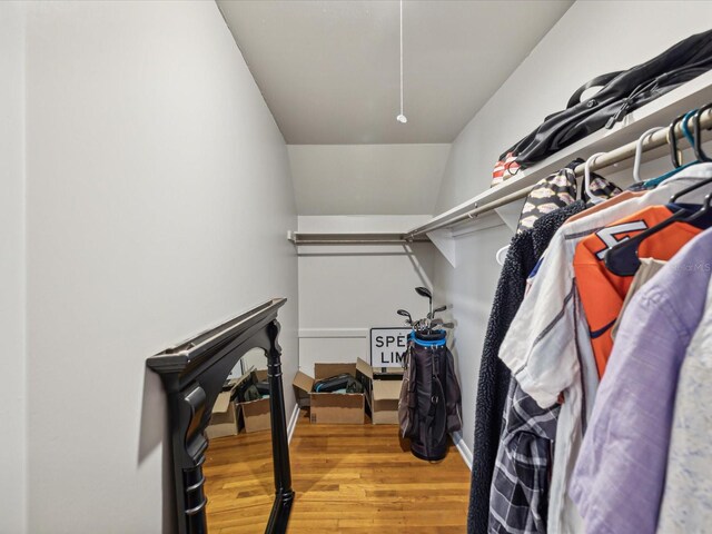 spacious closet with hardwood / wood-style floors and lofted ceiling