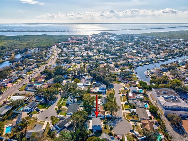 drone / aerial view featuring a water view