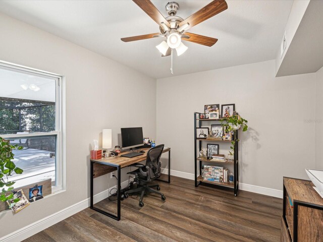 office area with dark hardwood / wood-style floors and ceiling fan