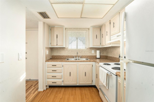 kitchen with tasteful backsplash, white appliances, sink, and light hardwood / wood-style flooring