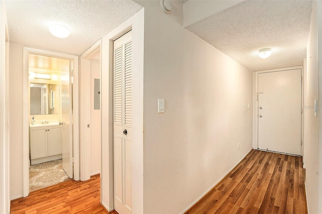 hallway with sink, a textured ceiling, light wood-type flooring, and electric panel