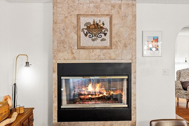 interior details featuring a tile fireplace and wood-type flooring