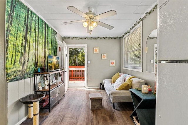 living area featuring ceiling fan and hardwood / wood-style flooring