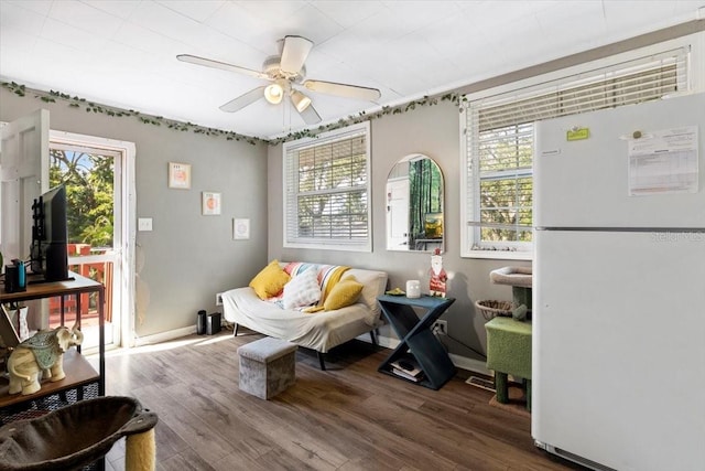 sitting room with ceiling fan and wood-type flooring