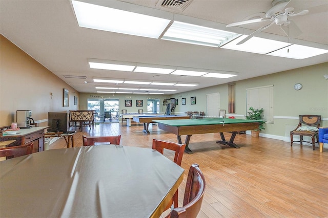 game room featuring ceiling fan, light hardwood / wood-style floors, and pool table