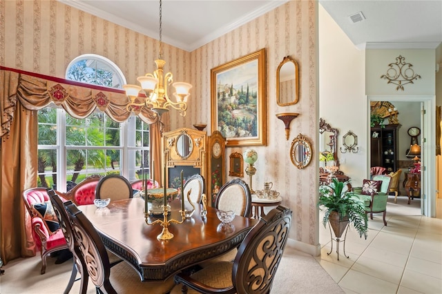 dining room featuring crown molding, light tile patterned flooring, and a notable chandelier