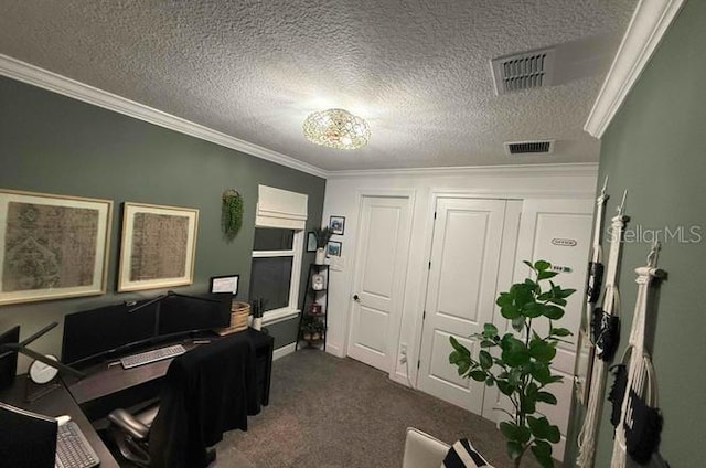 carpeted home office with crown molding and a textured ceiling