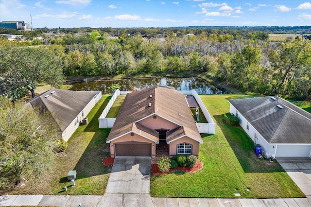 drone / aerial view featuring a water view