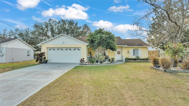 ranch-style home featuring a front yard and a garage