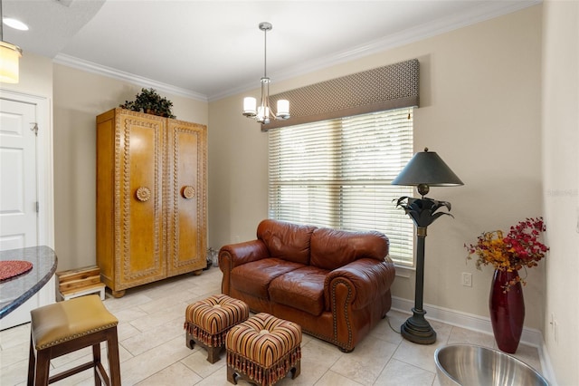 living area featuring crown molding, light tile patterned flooring, and a chandelier