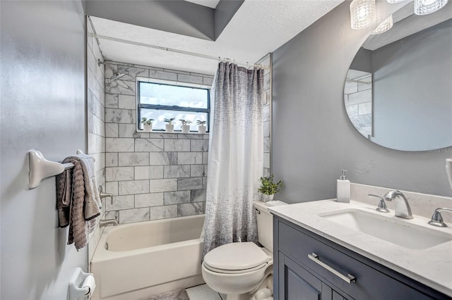 full bathroom featuring shower / bath combo, vanity, a textured ceiling, and toilet