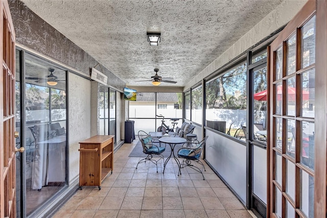 sunroom / solarium featuring ceiling fan