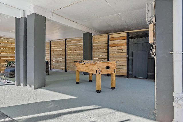 playroom featuring carpet flooring and wooden walls