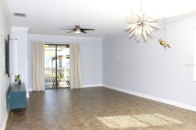 empty room featuring crown molding and ceiling fan with notable chandelier