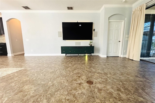 unfurnished living room with a textured ceiling and crown molding