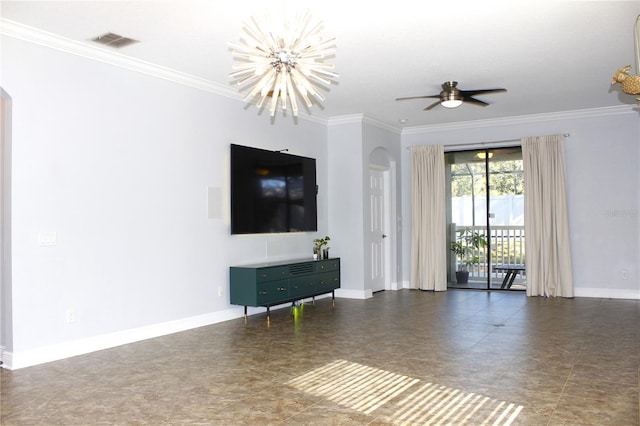 unfurnished living room with ceiling fan with notable chandelier and ornamental molding