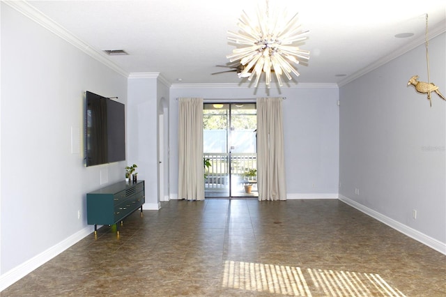 unfurnished living room featuring crown molding and a chandelier