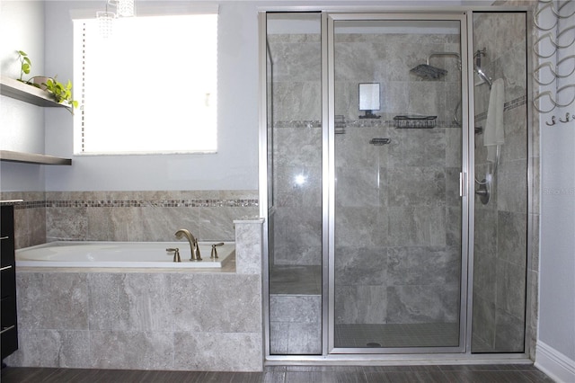 bathroom with vanity, separate shower and tub, and wood-type flooring