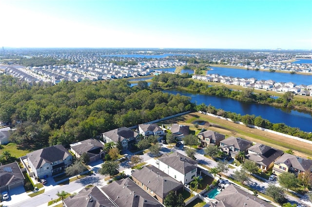 aerial view featuring a water view and a residential view