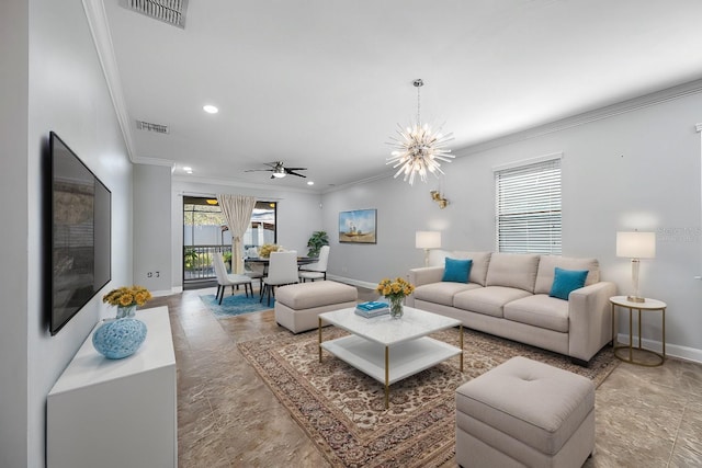 living area with baseboards, visible vents, and ornamental molding