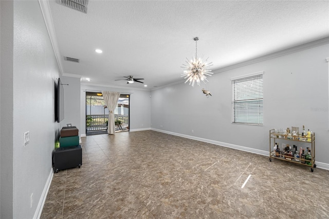 interior space featuring visible vents, crown molding, and baseboards