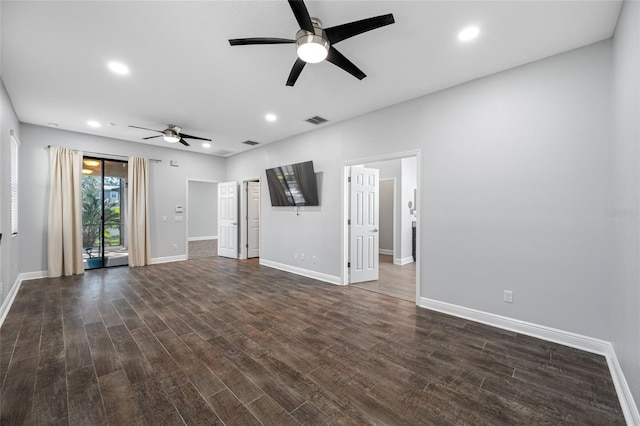 unfurnished living room featuring baseboards, visible vents, ceiling fan, dark wood-style flooring, and recessed lighting