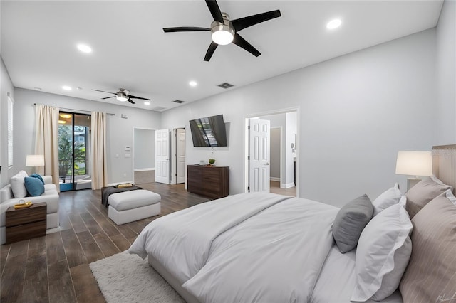 bedroom with baseboards, dark wood-type flooring, visible vents, and recessed lighting