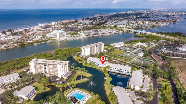 bird's eye view with a water view