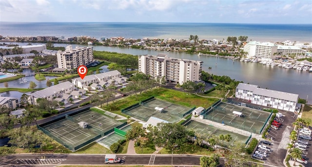 aerial view featuring a water view