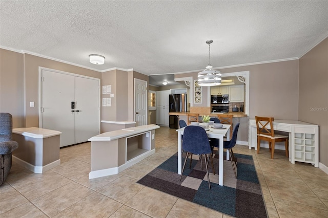 dining space featuring a textured ceiling, crown molding, and light tile patterned flooring