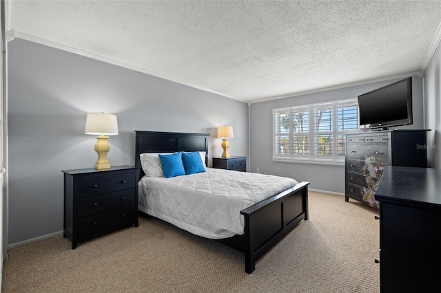 carpeted bedroom with a textured ceiling and ornamental molding