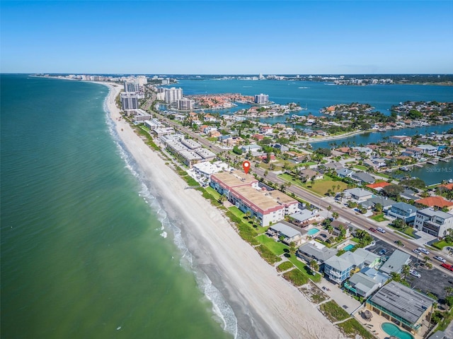 aerial view featuring a water view and a view of the beach