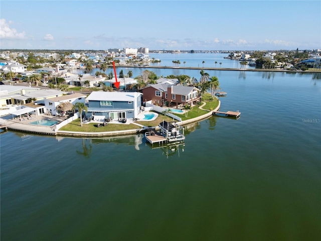 drone / aerial view with a water view