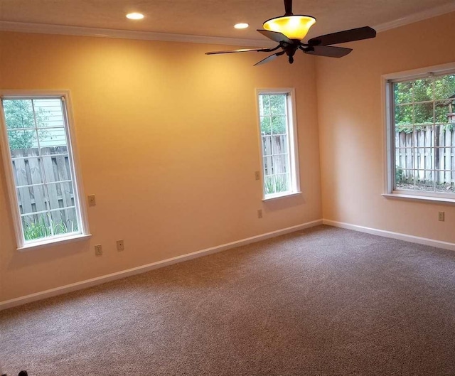 empty room featuring carpet floors, a wealth of natural light, ornamental molding, and ceiling fan