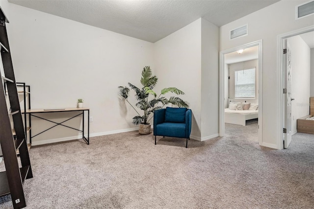 sitting room with carpet flooring and a textured ceiling